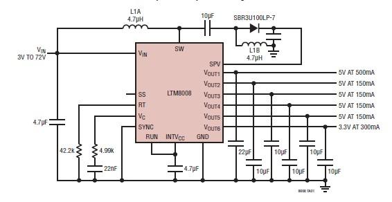 Six output DC regulator sepic design using LTM8008 