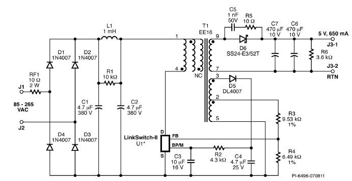 CV/CC charger circuit diagram designed using LinKSwitch