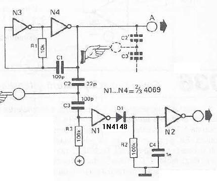 Touch sensor switch circuit project using inverters